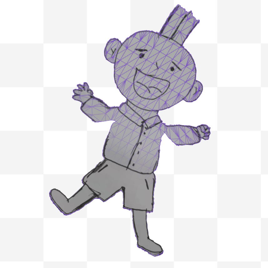 A hand-drawn character with a triangular deformation mesh overlaid on it